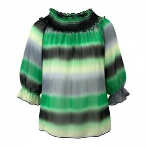 Vintage 80s 90s Don Luce Peasant Blouse Green Black Ombre Gradient Sheer Top S